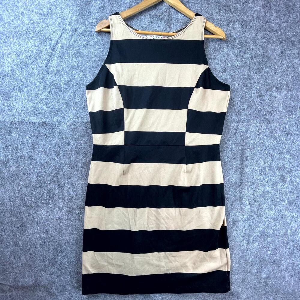 AA Studio Sheath Dress 12 Black Beige Striped 90s Career Comfy Modest Stretch